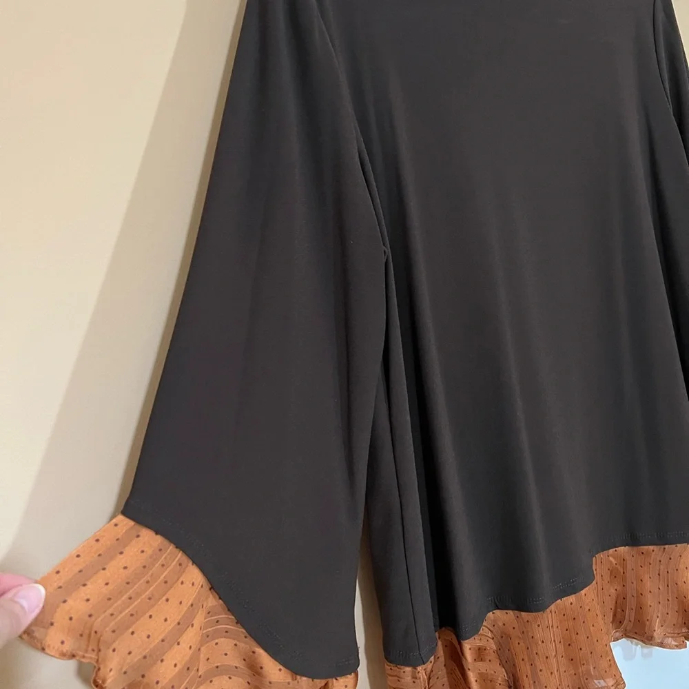 Susan Graver Brown Liquid Knit Top -  Beautiful trim in copper color. - Picture 5 of 9